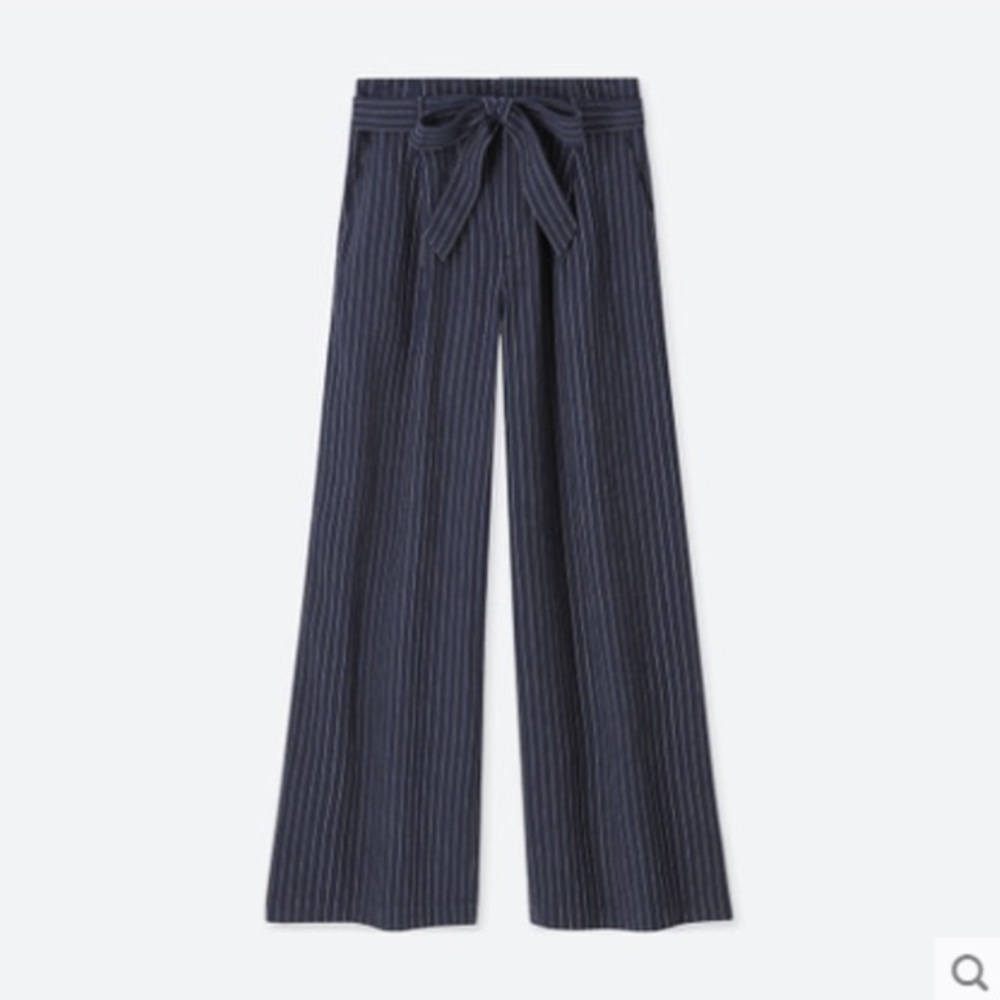 Uniqlo Pinstripe Blue Womens Wide Leg Linen Blend Pants Size XS